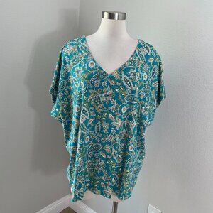 J Jill Womens Plus 3X Luxe Supima Pleat Back Top Paisley Turquoise Floral Shirt